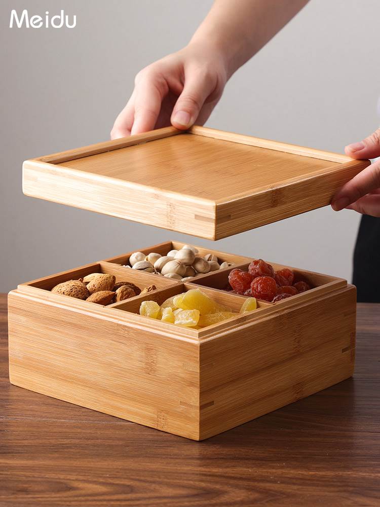 干果收纳盒竹坚果盒实木分格带盖水果盘中式家用零食盘客厅干果盘 - 图0