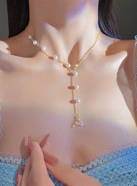法式珍珠鱼尾项链女ins潮小众高级感设计锁骨链轻奢百搭颈链配饰