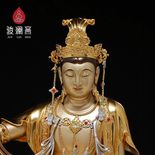 骏澜斋铜贴金自在观音佛像供奉家用观世音菩萨像水月观音像摆件 - 图1