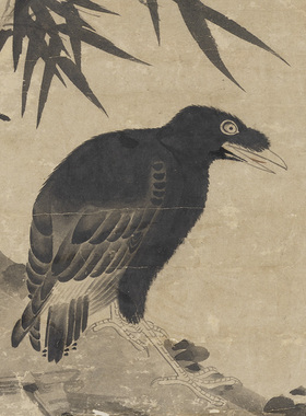 元赵雍竹石鸜鹆图国画水墨竹鸟画