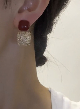 银针红色耳钉精致方形满钻耳环潮