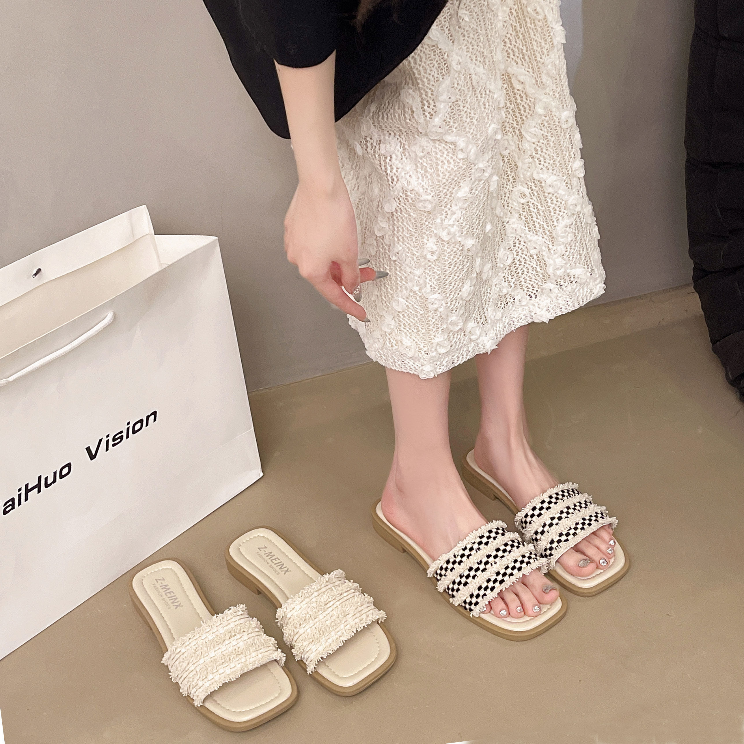 波西米亚小香风平底低跟凉拖鞋女外穿夏天女休闲绝美配裙子一字拖,淘宝优惠券,粉丝福利购,淘宝优惠卷