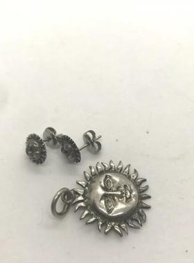 925银太阳脸阳光吊坠耳钉套装酷