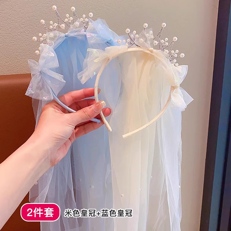 女童公主裙头纱宝宝生日皇冠发饰演出高端发卡婚纱头饰儿童发箍 - 图2