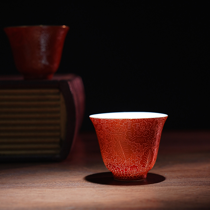 古帛扒花陶瓷品杯功夫茶茶具小茶杯景德镇粉彩手工扒花品茗杯单只 - 图1