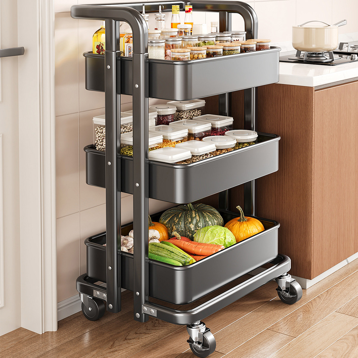 厨房置物架多功能小推车家用果蔬菜篮子落地多层架子调料品收纳架