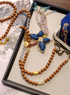 原创设计新中式贵气百搭国风蝴蝶流苏檀木白水晶斜挎链包链