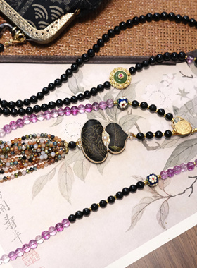 新中式国风复古黑玛瑙手机包手工穿珠链流苏高级感气质单肩斜挎包