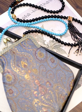 复古中式织锦手机包袋国风手工手拿珠链单肩斜挎包