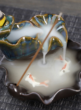 新款倒流香炉创意家居摆件陶瓷炉工艺品禅意双鱼回流檀香观赏跨境