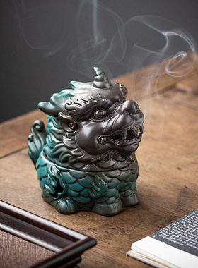 麒麟招财神兽盘香炉沉香檀香茶桌家用室内香道茶道禅意陶瓷摆件