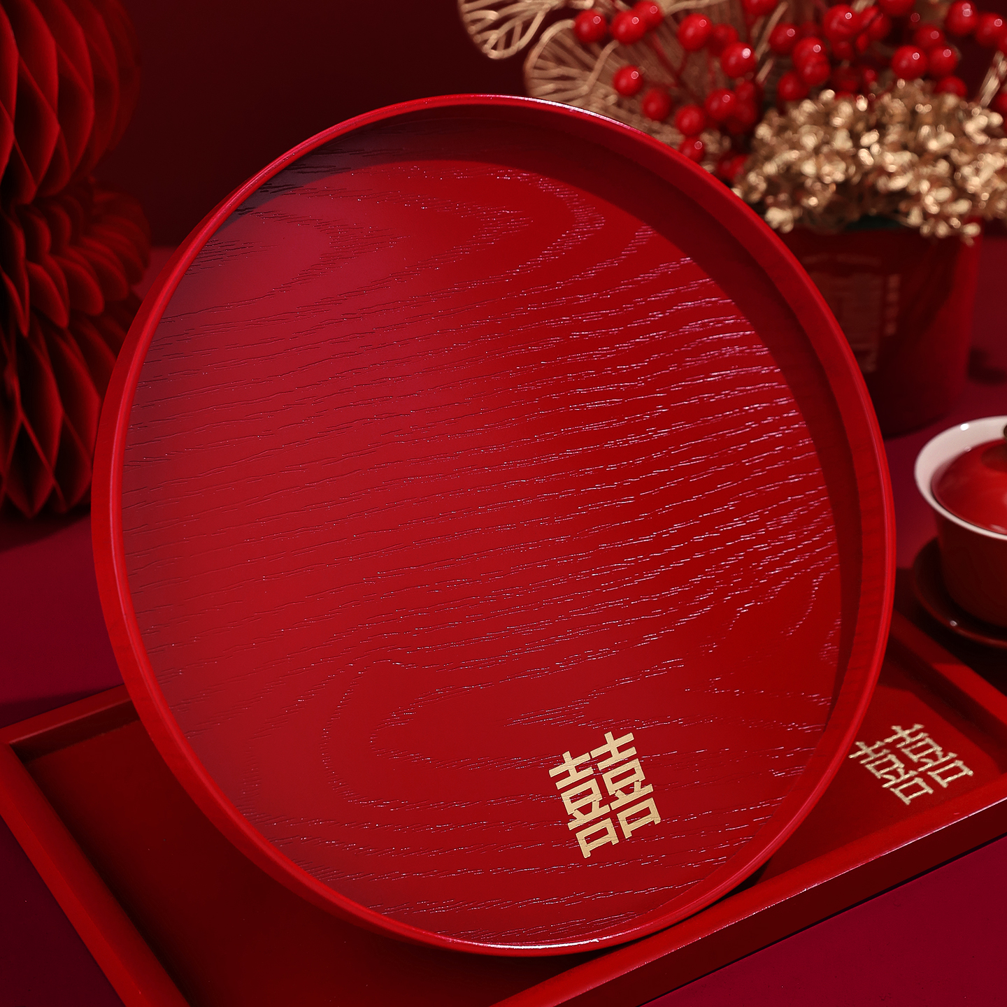 托盘结婚专用果盘婚礼喜糖盘红色喜盘子订婚备婚敬茶婚庆用品大全 - 图1