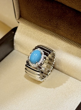 珠宝级松石戒指通体925纯银女戒宽版菱格条纹光面百搭小众设计