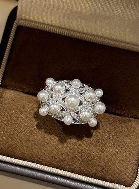 满天星欧美奢华珍珠戒指夸张设计款复古优雅女戒通体925纯银法式