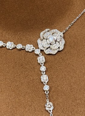 小香风山茶花水滴流苏项链通体925纯银闪钻长款链条时尚毛衣链