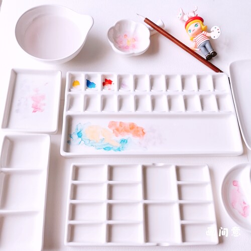 水彩调色盘陶瓷20格长方形水粉颜料白瓷盘子画画用的墨碟国画盘子 - 图0