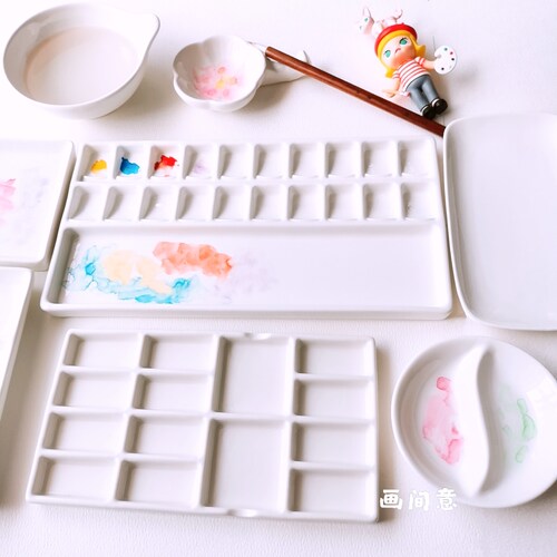 水彩调色盘陶瓷20格长方形水粉颜料白瓷盘子画画用的墨碟国画盘子 - 图3