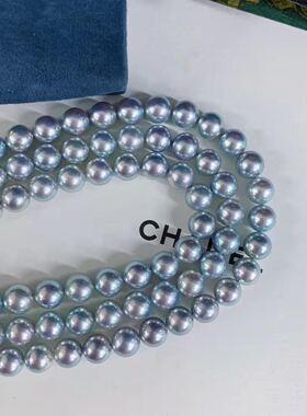 8-8.5mm人鱼姬色真科研真多麻项链天然色无调色深蓝银蓝色akoya