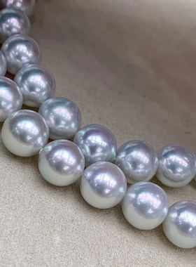 大尺寸akoya真多麻色净链9.5-10基本正圆微微瑕小钢炮光泽镜面光