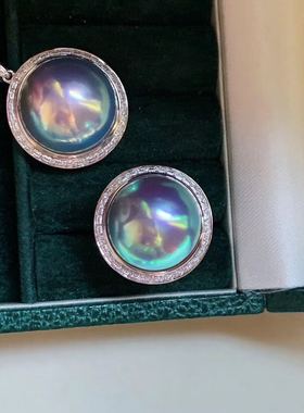 极光炫彩镜面孔雀绿日本耳钉项链