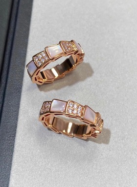 情侣玫瑰金日韩白贝母蛇骨戒指