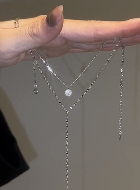 双层闪亮Y型流苏镶钻项链女