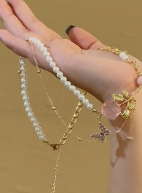 法式粉红玫瑰花珍珠项链女