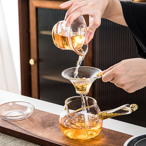 日式玻璃侧把公道杯加厚耐热金箔公杯分茶器大号茶海茶漏茶具配件 - 图2