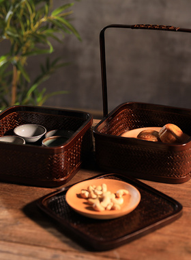 复古带盖手工双层竹编茶具收纳篮