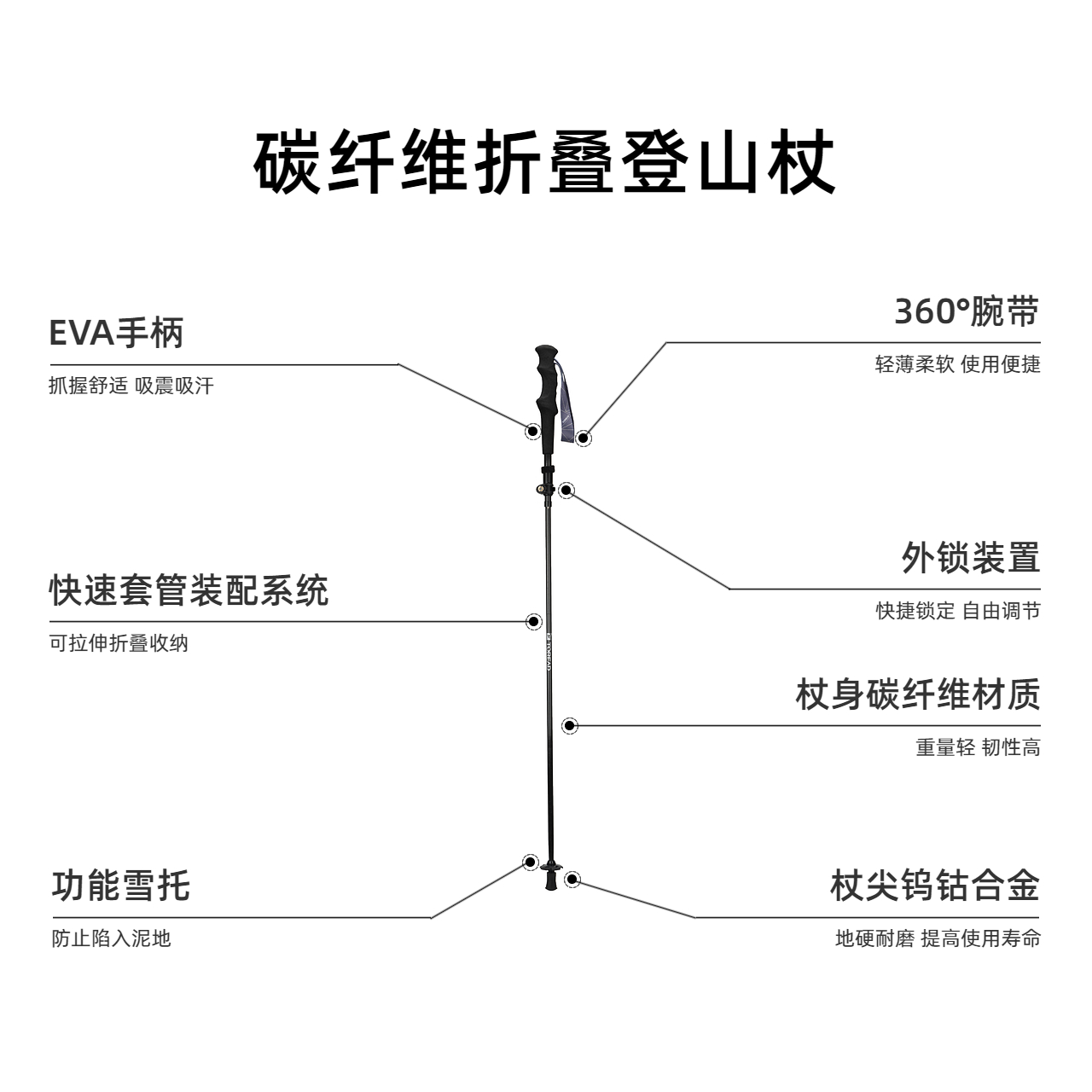 探路者登山杖户外徒步爬山装备防滑伸缩多功能轻便折叠碳纤维手杖