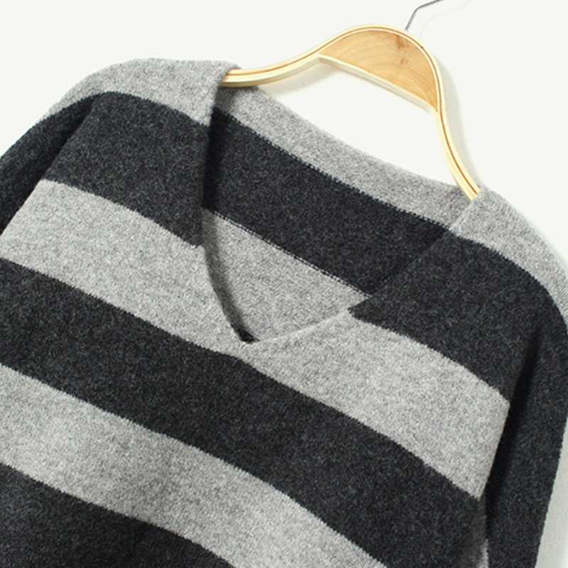 菲尔丹 巨好穿 不起静电 慵懒宽松百搭羊绒混纺V领宽条纹毛衣9920,淘宝优惠券,粉丝福利购,淘宝优惠卷