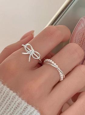 2026新款光亮蝴蝶结珍珠交叉双层戒指个性设计感轻奢气质珍珠开口