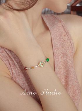 2026Amo Meet敦煌天然绿松石玉珍珠银手炼女性覆古新中式手炼多宝