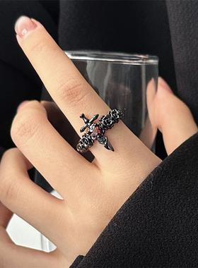 2026哥特风黑色玫瑰十字架戒指女食指戒小众设计高级感冷淡风开