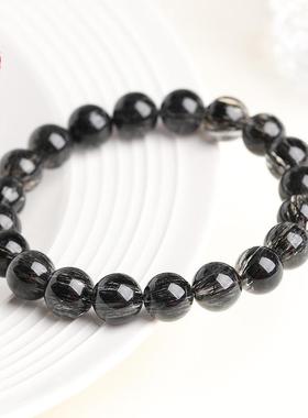 2026蓓蓓福 天然黑发晶圆珠手链 满体顺发黑发晶手串黑色发丝手链