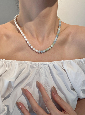 天然淡水珍珠海蓝宝项链