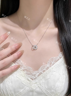 s925纯银环环相扣项链女铜钱吊坠新中式经典双环扣锁骨链生日礼物