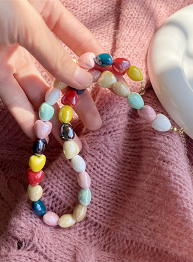 韩国大门彩色爱心琉璃项链