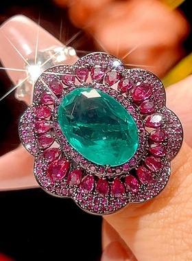 新款铜镀枪黑色仿祖母绿宝石吊坠轻奢项链女仿红刚玉镶钻开口戒指