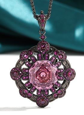 新款铜镀枪黑色仿彩宝镶钻挂坠仿紫水晶轻奢项链女仿帕拉伊巴吊坠