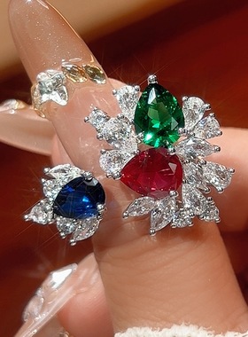 新款铜镀银饰品仿祖母绿宝石戒指女款仿彩宝镶钻开口指环满钻戒子