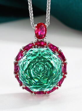 新款铜镀银饰品仿绿碧玺吊坠女款项链火龙果色仿彩宝镶钻开口戒指