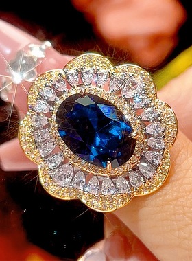 新款铜镀金色仿红刚玉镶钻吊坠女款轻奢项链仿蓝宝石满钻开口戒指