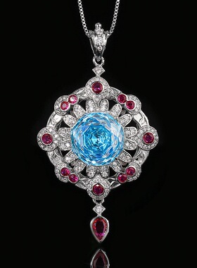 新款铜镀银饰品仿紫钻吊坠女项链玫瑰切仿彩宝海蓝色镶钻流苏挂坠