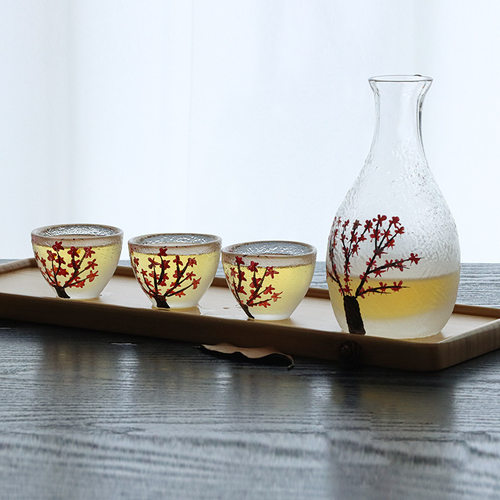 日式樱花锤纹清酒壶清酒杯子烈酒杯套装少女磨砂玻璃分酒器温酒器 - 图1