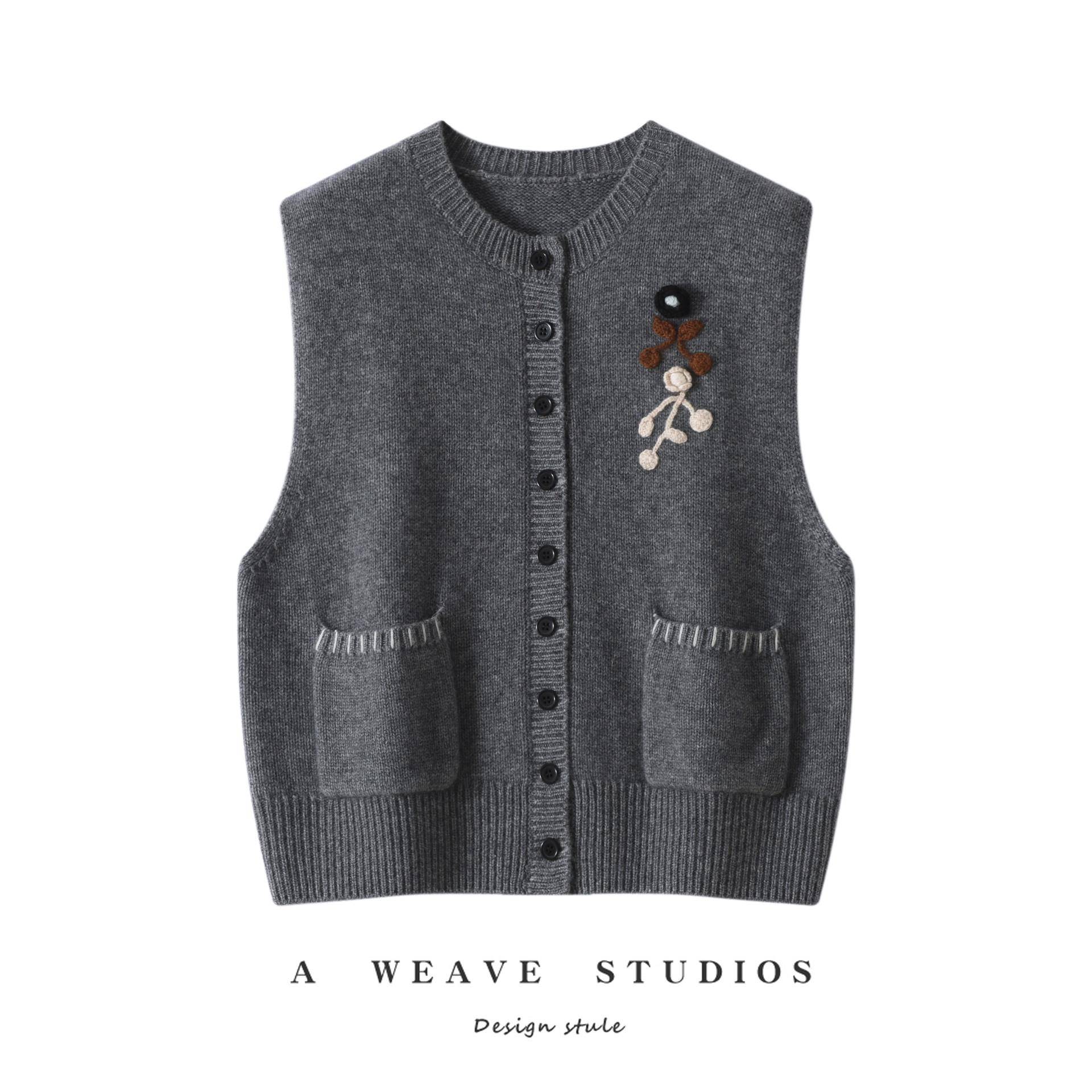 Heavy hand embroidery! New autumn and winter cashmere cardigan women's round neck sleeveless knitted vest women's slim sweater waistcoat