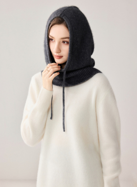 加厚连帽山羊绒针织围脖一套帽女