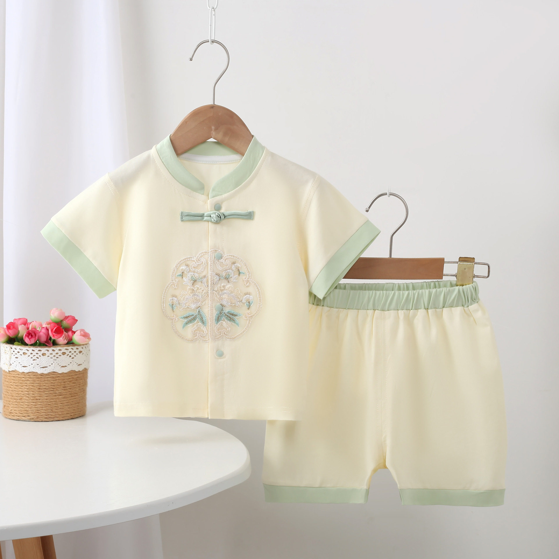 婴儿夏季分体套装纯棉无骨男女宝宝汉服儿童礼服新中式盘扣短袖衣,淘宝优惠券,粉丝福利购,淘宝优惠卷