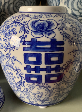 新中式复古青花陶瓷花瓶仿真绿植软装饰小罐玄关茶几书桌小摆件