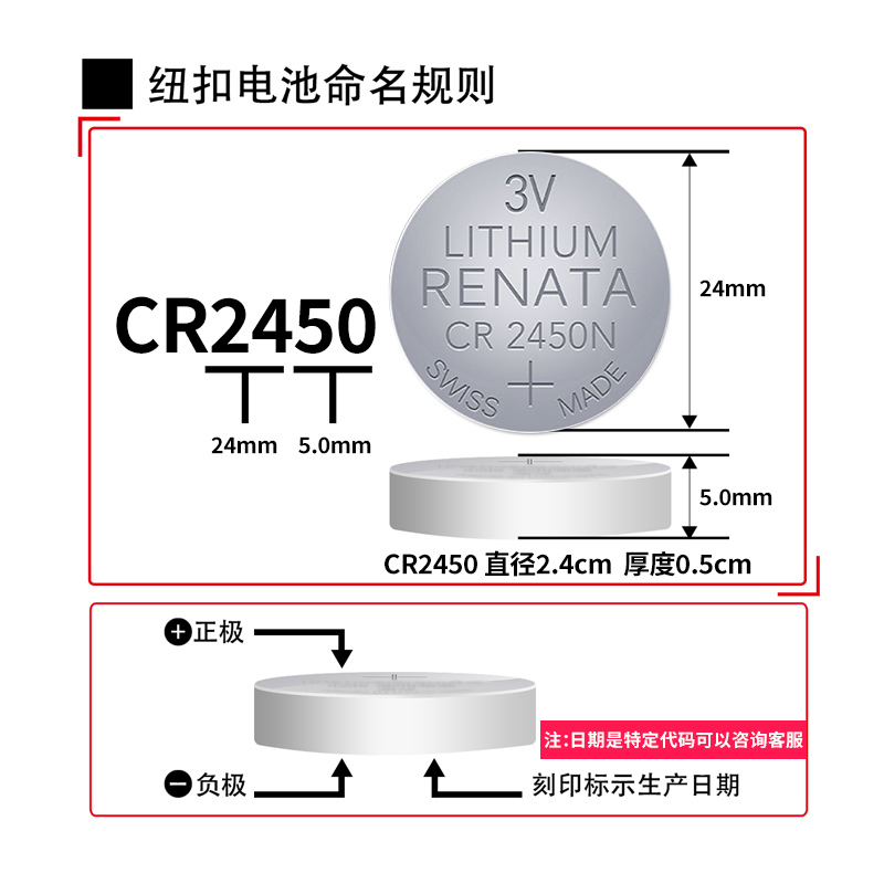 Renata瑞士CR2450N原装进口纽扣电池3V伏锂电池宝马车系专用通用福特沃尔沃BMW汽车钥匙遥控器小扣式电子扣子 - 图1